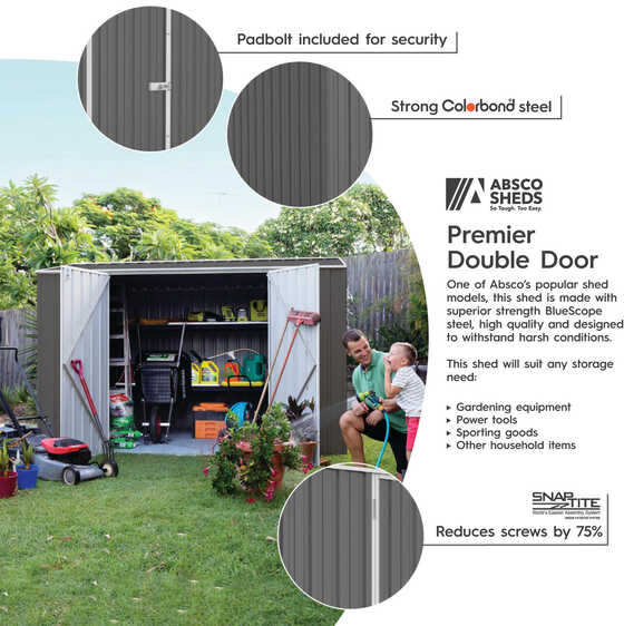 Absco Premier 10x7 shed with padbolt security, Colorbond steel & DIY design reduces screws 75%.