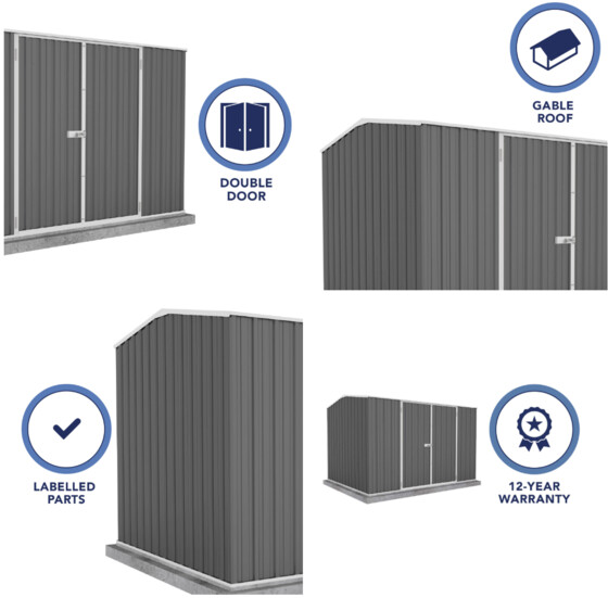 Absco Premier 10x7 metal shed with double doors, gable roof, labeled parts & 12-year warranty..