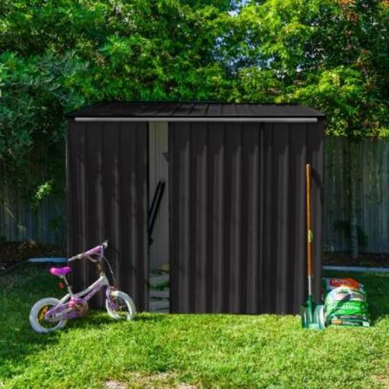 Durable galvanized steel shed, rust & rot-free, mildew resistant, built to withstand all weather.