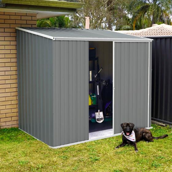 Durable galvanized steel shed, rust & rot-free, mildew resistant, built to withstand all weather.