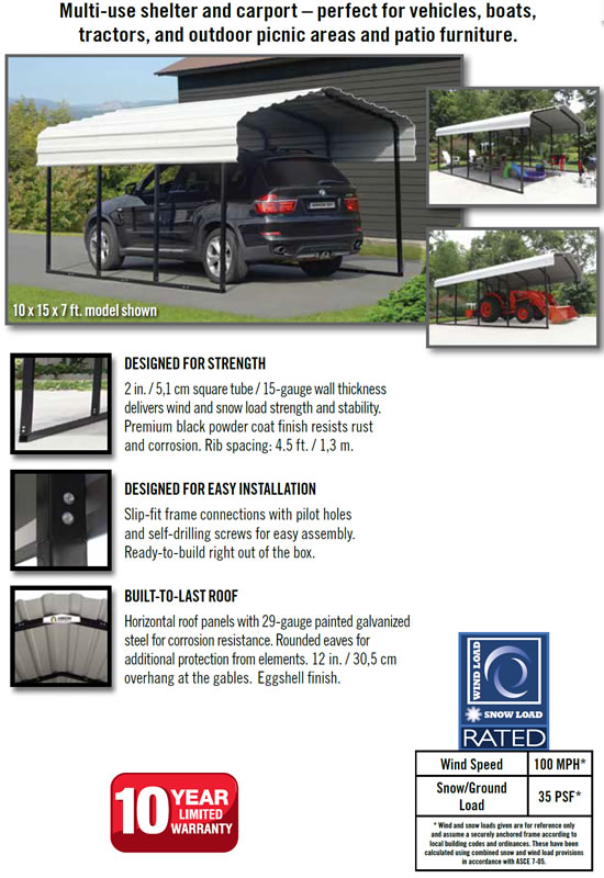 Arrow 12x29x9 Steel Auto Carport Kit Features and Benefits