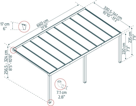 Palram Stockholm 11x22 Aluminum Patio Cover Kit Measurements Diagram