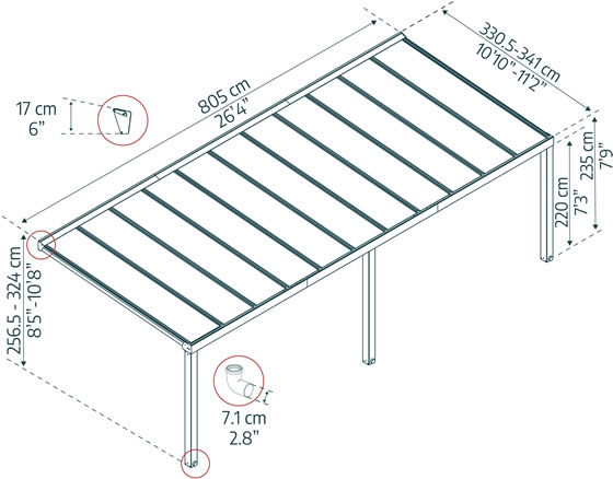 Palram Stockholm 11x27 Aluminum Patio Cover Kit Measurements Diagram