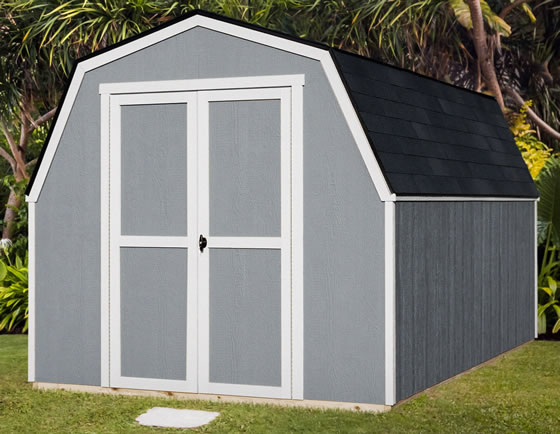 View the Andover 8x12 wood shed assembled in a backyard