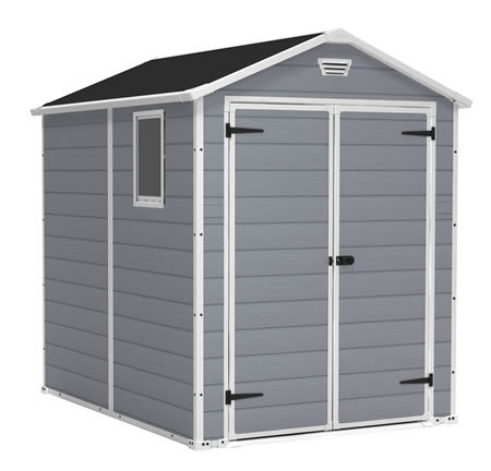 6x8 shed is constructed of large plastic panels and steel. This shed 