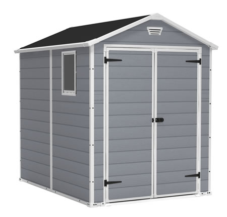 6x8 shed is constructed of large plastic panels and steel. This shed