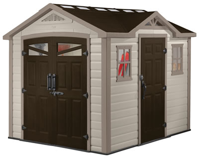 Our Keter Summit 8x9 storage shed is constructed of large plastic ...