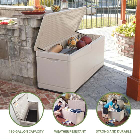 Lifetime 130 Gallon Plastic Deck Storage Box Features