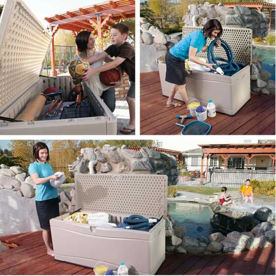 Lifetime 130 Gallon Plastic Deck Box great for storing pool and play items beside a backyard pool