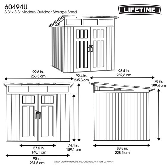 Lifetime 8.3 x 8.3'D Modern Outdoor Plastic Storage Shed Measurements Diagram