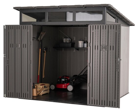 Wide doors open 180 degrees and are lockable for easy access (padlock not included).