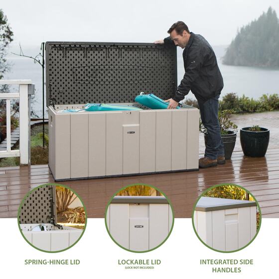 Lifetime Heavy-Duty 150 Gallon Deck Box spring held and Lockable lid 