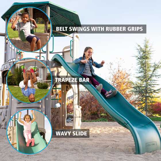Experience ultimate backyard fun with the Lifetime Shipwell Adventure Tower, a maintenance-free playset featuring a 5-foot deck, clubhouse, 9-foot slide, and heavy-duty swings.