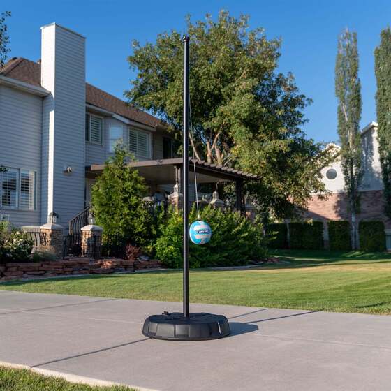 Lifetime Tetherball set with soft ball, steel pole, and heavy-duty portable base for stability.