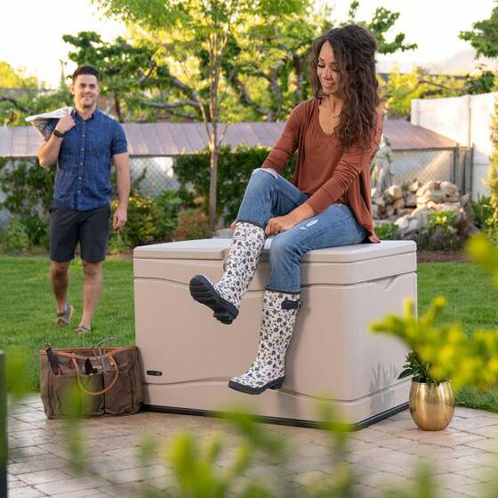Lifetime Sheds 80 gallon deck storage box is sturdy and strong enough to sit on comfortably