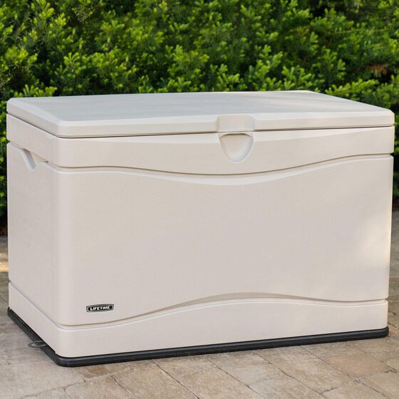 Lifetime Sheds 80 gallon deck storage box assembled at patio