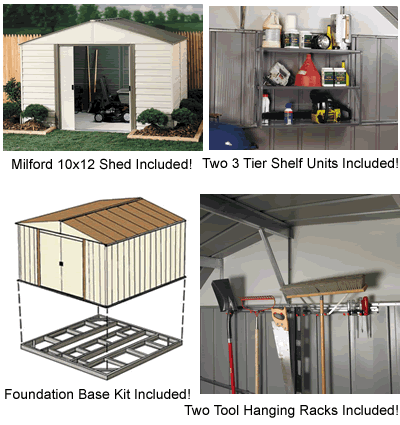 arrow 10x12 milford shed w/ foundation & shelving vm1012