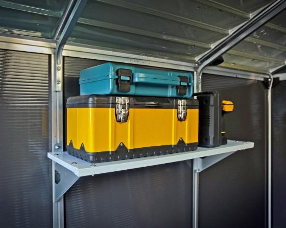 Palram shelf saves floor space and keeps your shed organized, perfect for storing toolboxes.