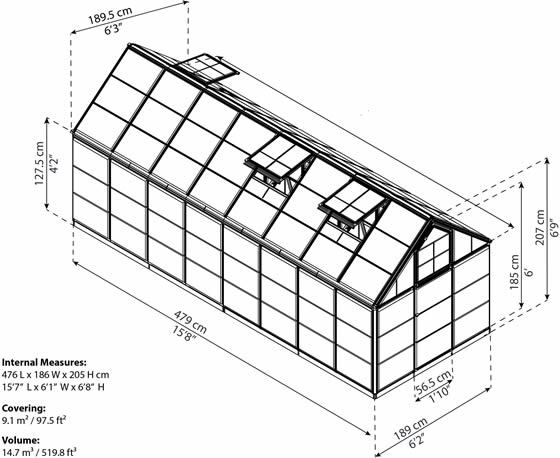 Palram 6x16 Snap & Grow Hobby Greenhouse Measurements Diagram