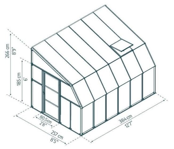Palram 8x12 Sun Room 2 Greenhouse Kit Dimensions.
