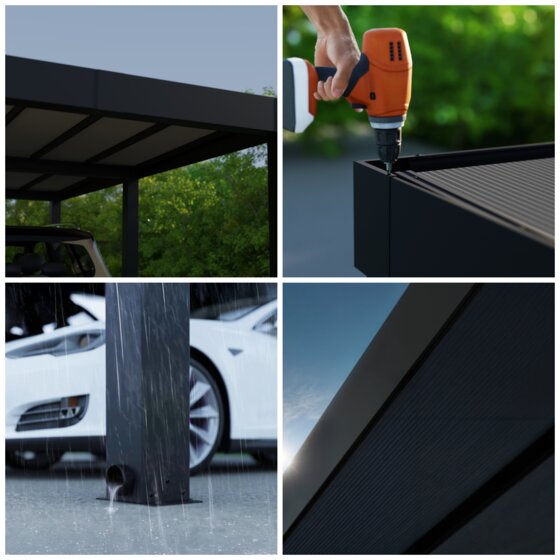 Oslo Carport with durable frame, UV-protected resilient panels, gutters, and easy assembly.