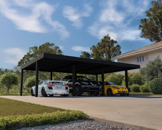 Assembled structure of the Oslo Carport Kit: double-car parking design.