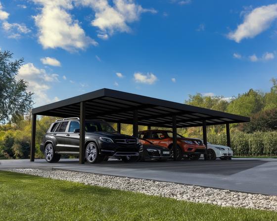 Assembled structure of the Oslo Carport Kit: Four-car parking design.