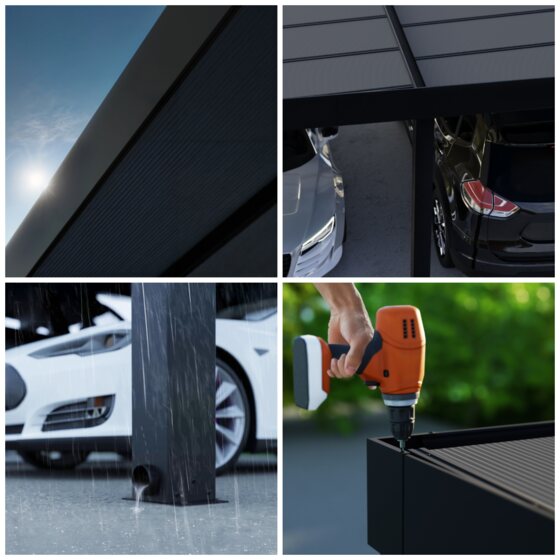 Oslo Carport with durable frame, UV-protected resilient panels, gutters, and easy assembly.