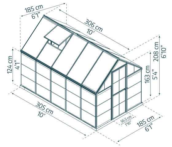 Palram 6x10 Nature Hybrid Greenhouse Kit - Dimensions.