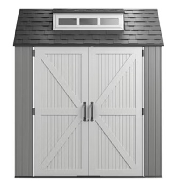 Rubbermaid 7x7 gray resin shed with durable walls, wide double doors, and spacious outdoor storage.