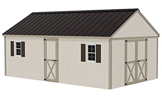 Shedquarters 12x20 kit with gable-end barn doors for large storage and an eave-side walk-in door for convenient daily access and versatility.