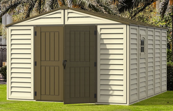 DuraMax 10.5x13 Vinyl Woodbridge Plus Shed Kit Assembled In Yard