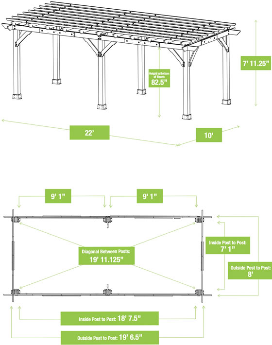 Yardistry 10x22 Meridian Pergola YM11932COM Measurements Diagram