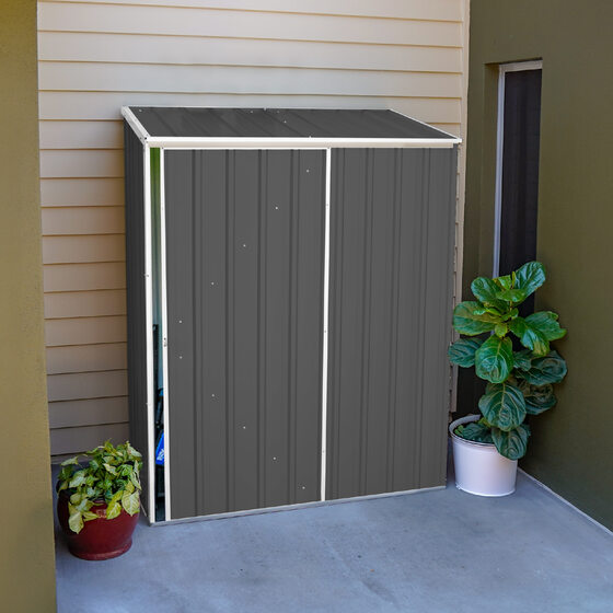 Durable galvanized steel shed, rust & rot-free, mildew resistant, built to withstand all weather.