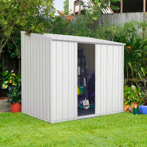 Durable galvanized steel shed, rust & rot-free, mildew resistant, built to withstand all weather.