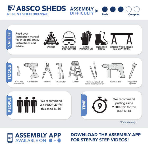 Absco Regent Shed requires level base, proper anchoring, and 3-4 person assembly with basic tools.