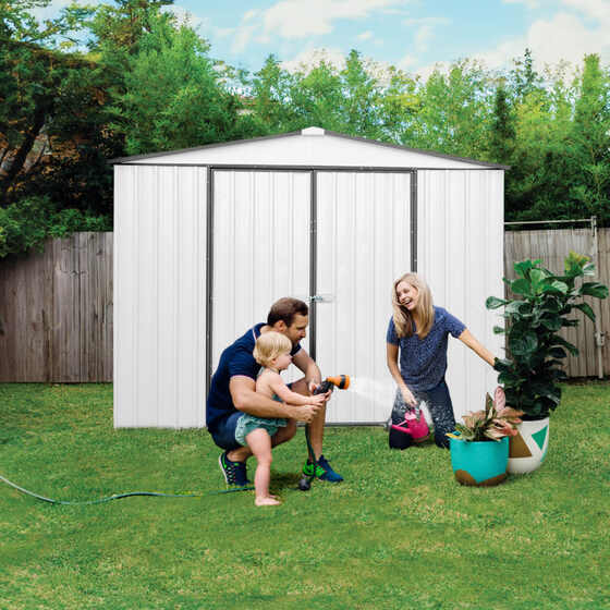 Durable galvanized steel shed, rust & rot-free, mildew resistant, built to withstand all weather.