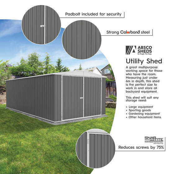 Absco Utility shed features galvanized steel, reinforced walls, and SNAPTiTE assembly system.