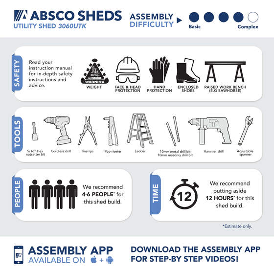Absco Metal Utiliy Shed requires level base, proper anchoring, and 4-6 persons assembly with basic tools.