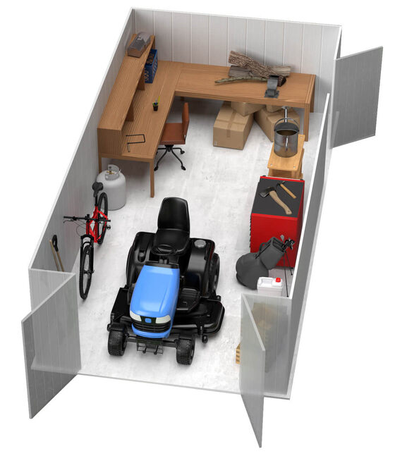 1,300.64 cu. ft. capacity stores lawn equipment, tools, outdoor gear, and sports items..