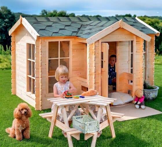 Isla Playhouse mini manor design is a safe backyard play area for imaginative play and social play!