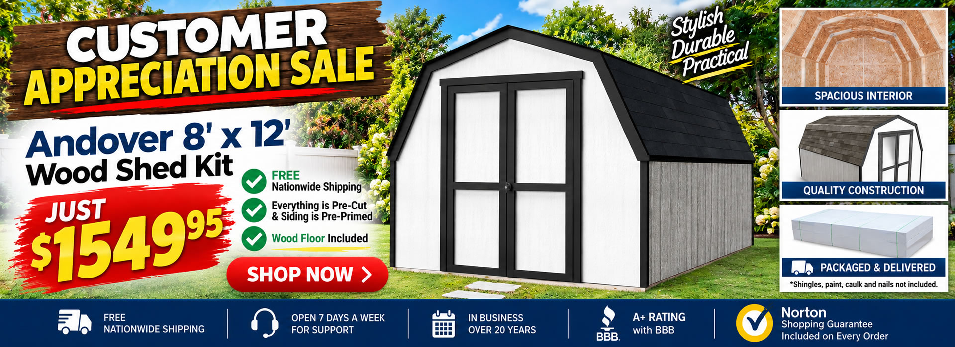 Customer Appreciation Sale - Andover 8x12 Wood Shed Kit with Floor Just 1549.95 - Free Delivery - Limit 2 Per Customer