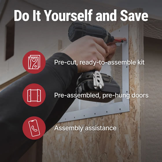 Pre-cut framing, pre-primed siding and pre-built doors ready for your simple DIY assembly!