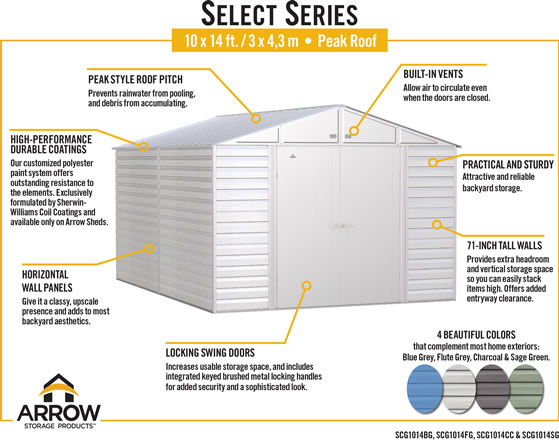 Arrow 10x14 Select Steel Shed SCG1014 Features & Benefits