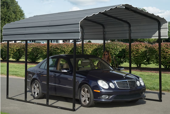 Arrow 10x15x9 Steel Carport Kit In Charcoal Gray Installed In Driveway