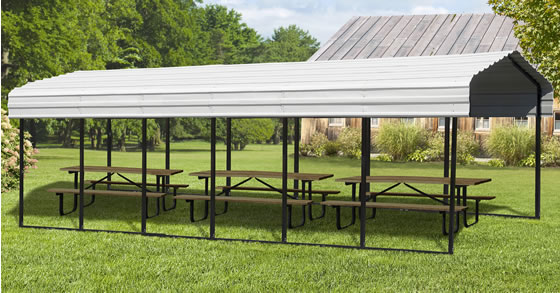 Arrow 10x29x9 Steel Carport Kit Installed In Park for Covered Picnic Tables