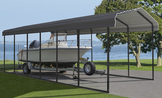 Arrow 10x29x9 Steel Carport Kit In Charcoal Gray Installed For Boat Storage