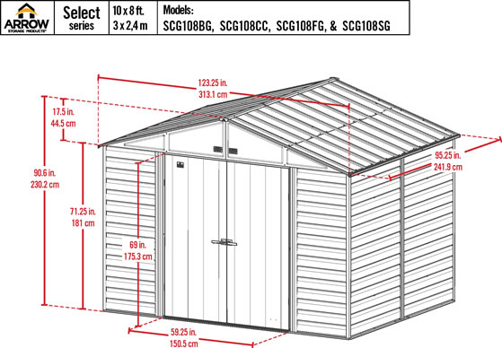 Arrow 10x8 Charcoal Select Steel Shed Kit Measurements Diagram