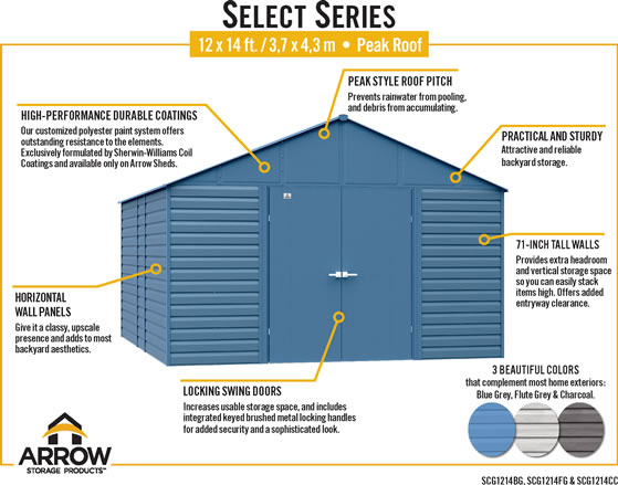 Arrow 12x14 Select Steel Shed SCG1214 Features & Benefits