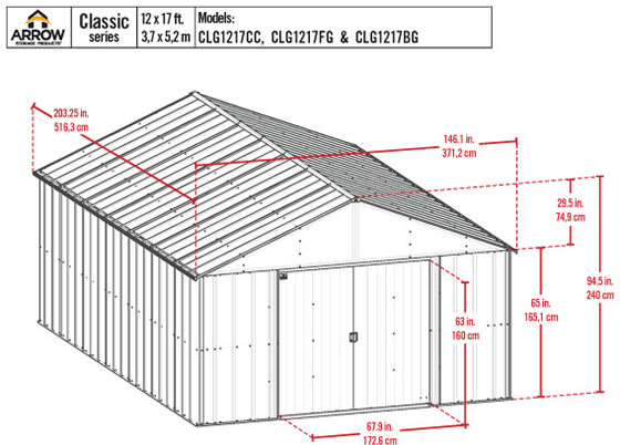 Arrow 12x17 Classic Steel Shed Kit Measurements Diagram